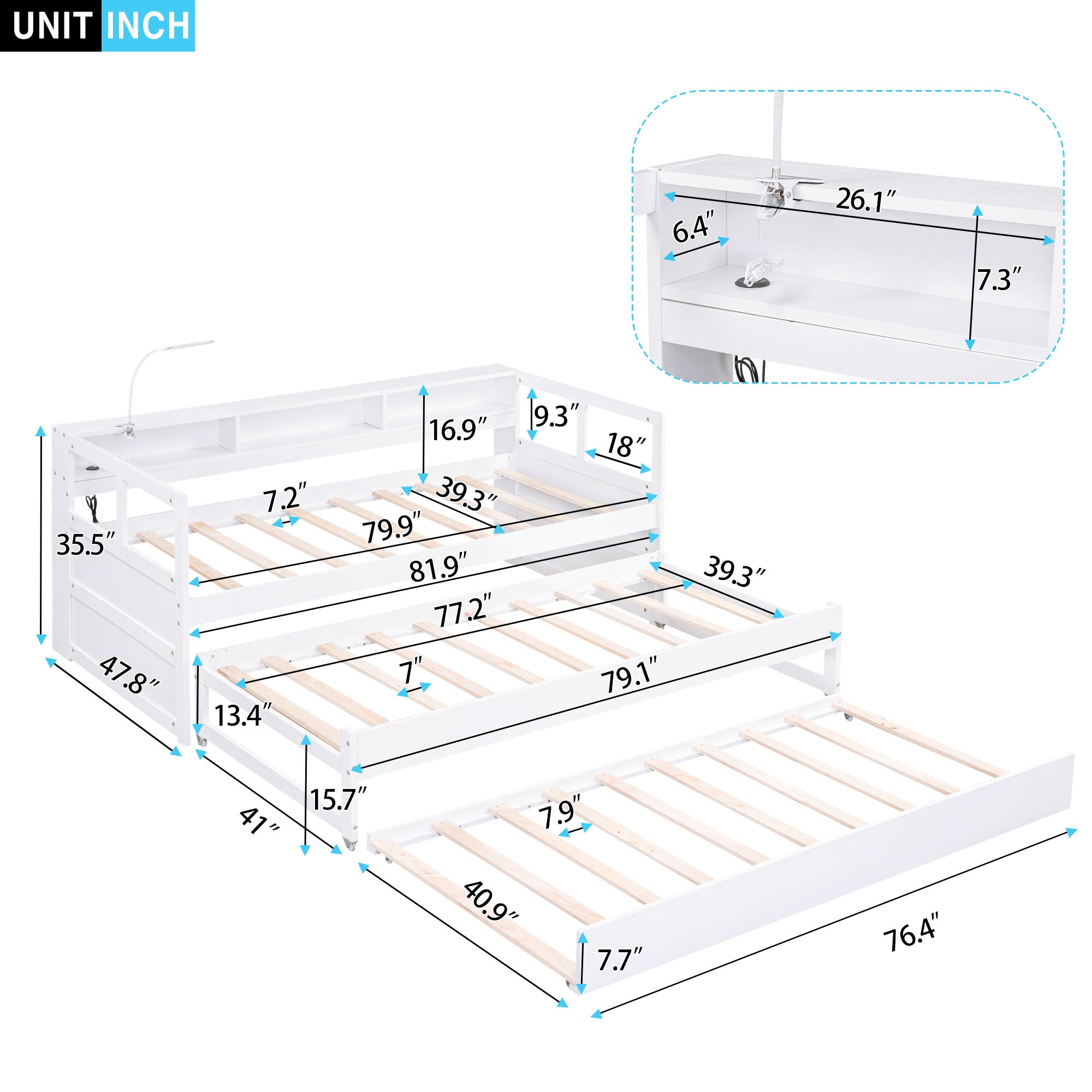 Daybed With 2 Trundles, 3 Storage Cubbies, Built In USB Charging Light