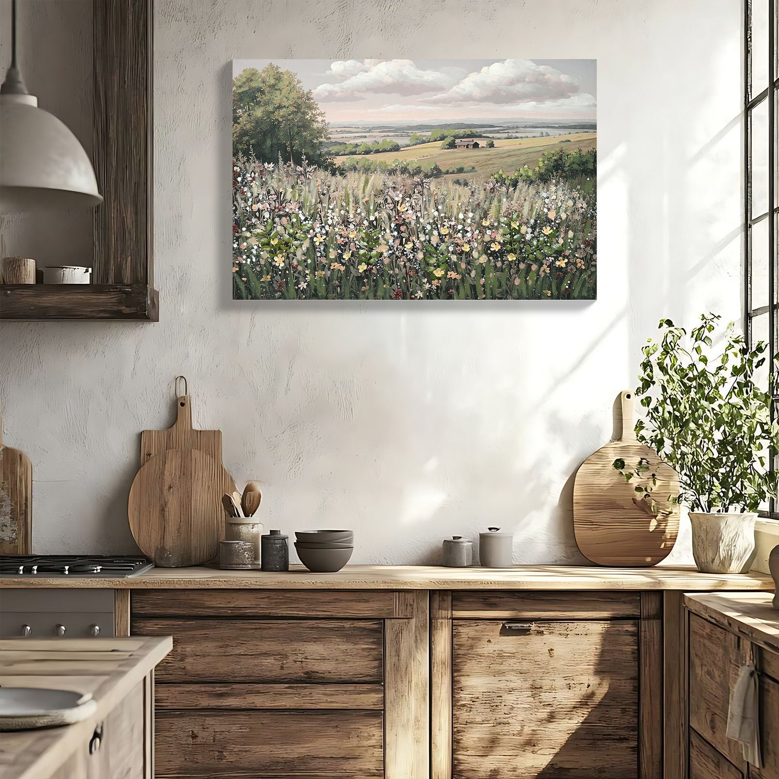 Framed Canvas Wall Art Vintage Decor, Landscape Wall Art - Green / Ivory