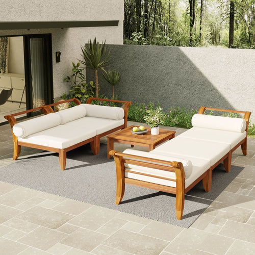 6 Piece Patio Sofa Set, Acacia Wood Outdoor Modular Sectional Garden Furniture Set L Shaped Conversation Set, Convertible Daybed With Tea Table, Ottoman, 5 Cushions And Pillows - Teak / Beige