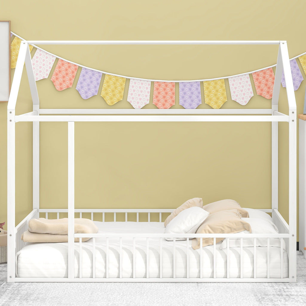 Metal Bed House Bed Frame With Fence