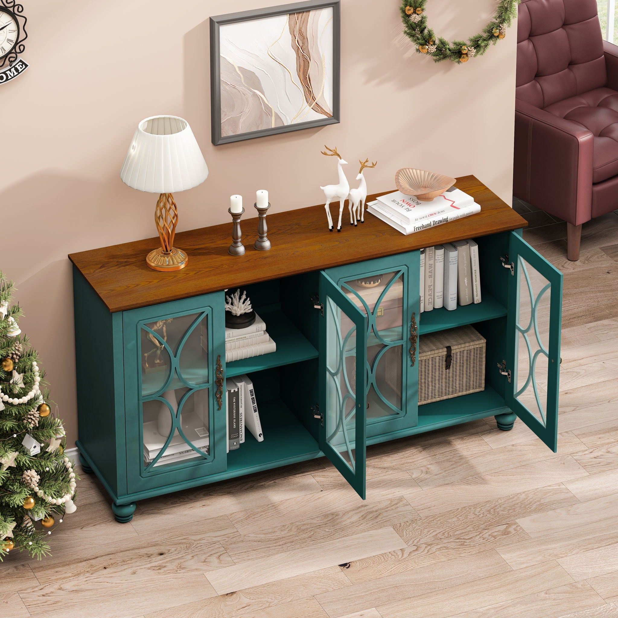 Elegant 4 Door Cabinet With Tempered Glass Doors