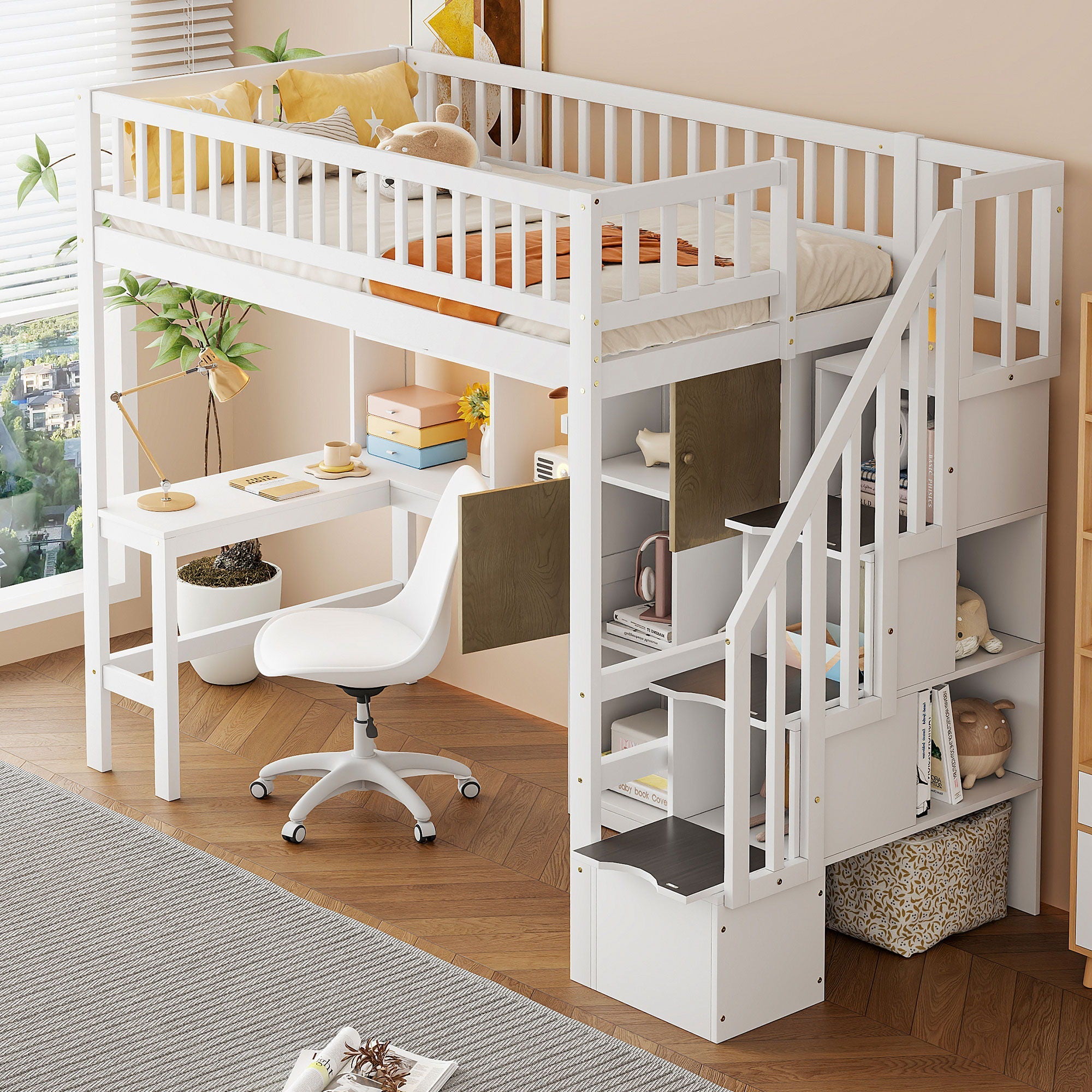 Loft Bed With Built In L Shaped Desk, LED Lights, Storage Shelves, Cabinets, And Staircase
