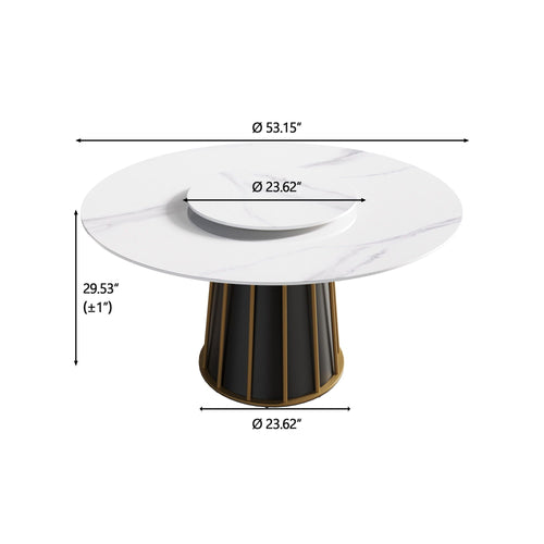 53.15" Modern Artificial Stone Round Panel Metal Iron Base Dining Table, Can Accommodate 6 People-23.62" Artificial Stone Turntable (Not Including Chairs) - White / Black