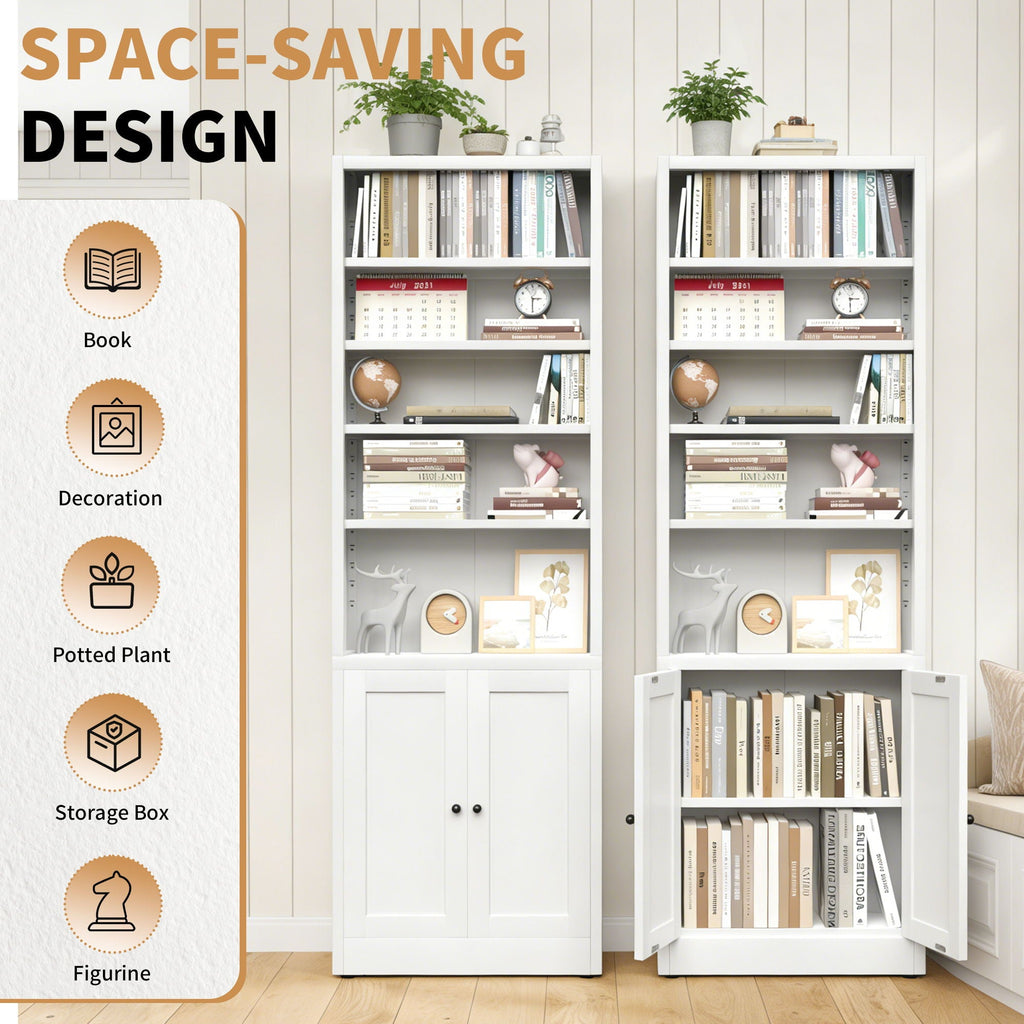 Bookcase Tall 5-Tier Adjustable Storage Shelf With Door Deep - White