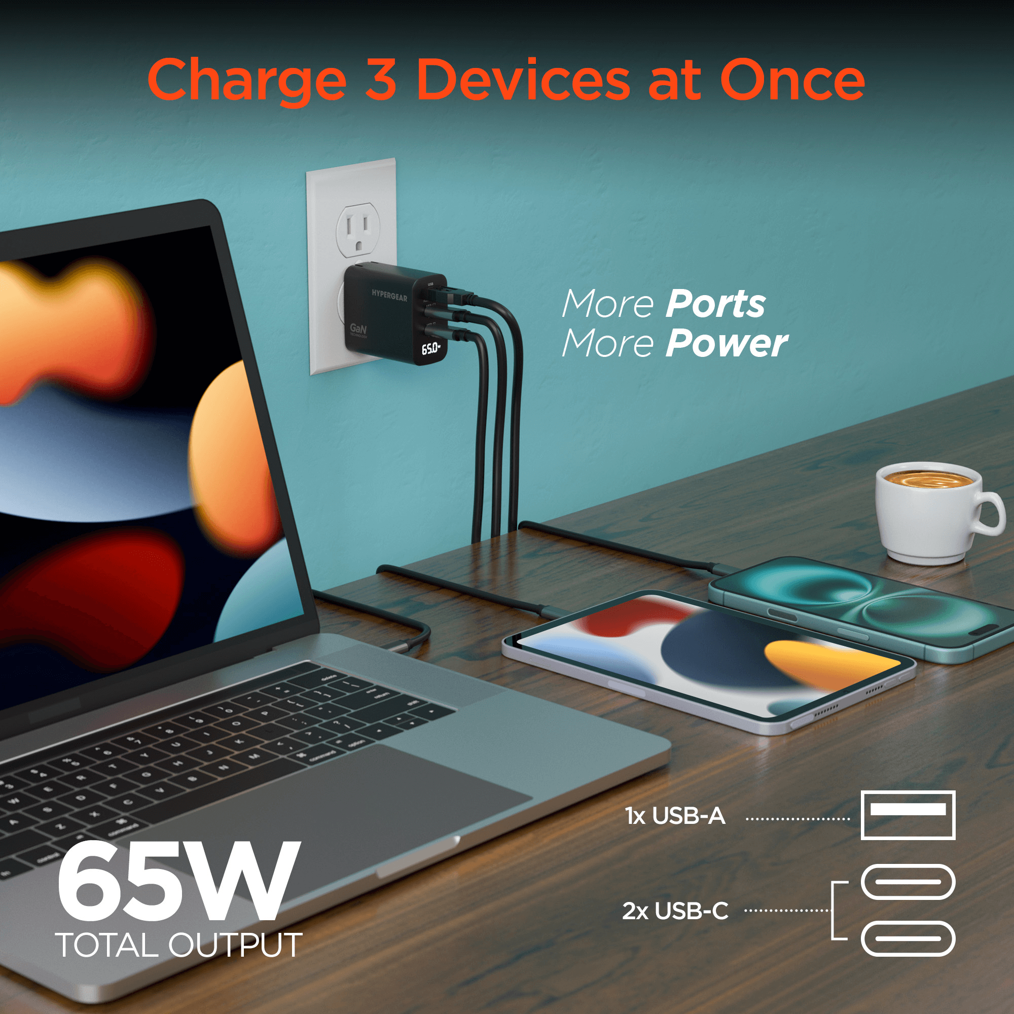 HyperGear SpeedBoost 65W USB-C PD Tri-Port GaN Laptop Charger with PPS and Digital Display