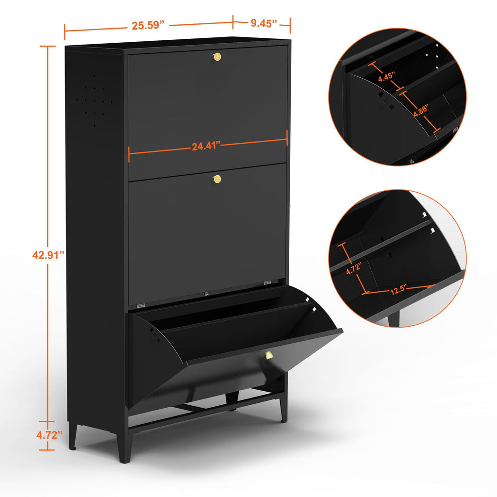 3 Drawer All Steel Shoe Cabinet, Freestanding Storage Organizer With Flip Door