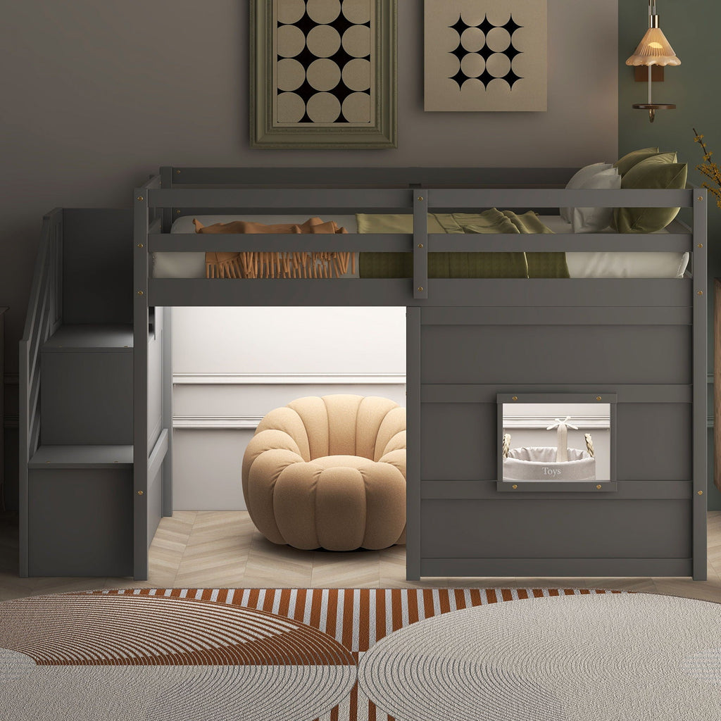 Loft Bed With Storage Staircase, Window & LED Light