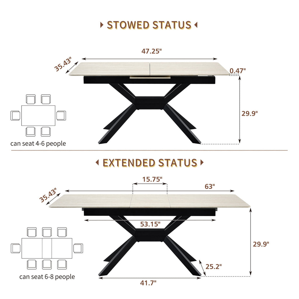 Rectangular Extendable Dining Table With Geometric X Frame, Kitchen Table For Dining Room - Beige