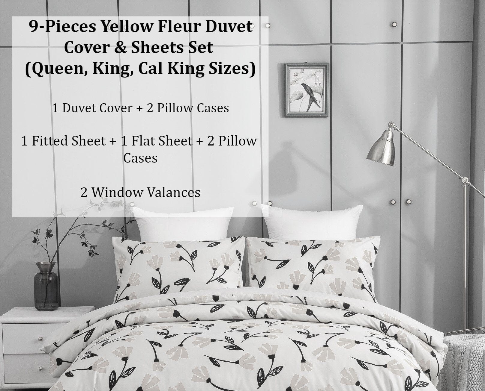 DaDa Bedding Yellow Fleur Duvet Cover, Sheets & Valance Set