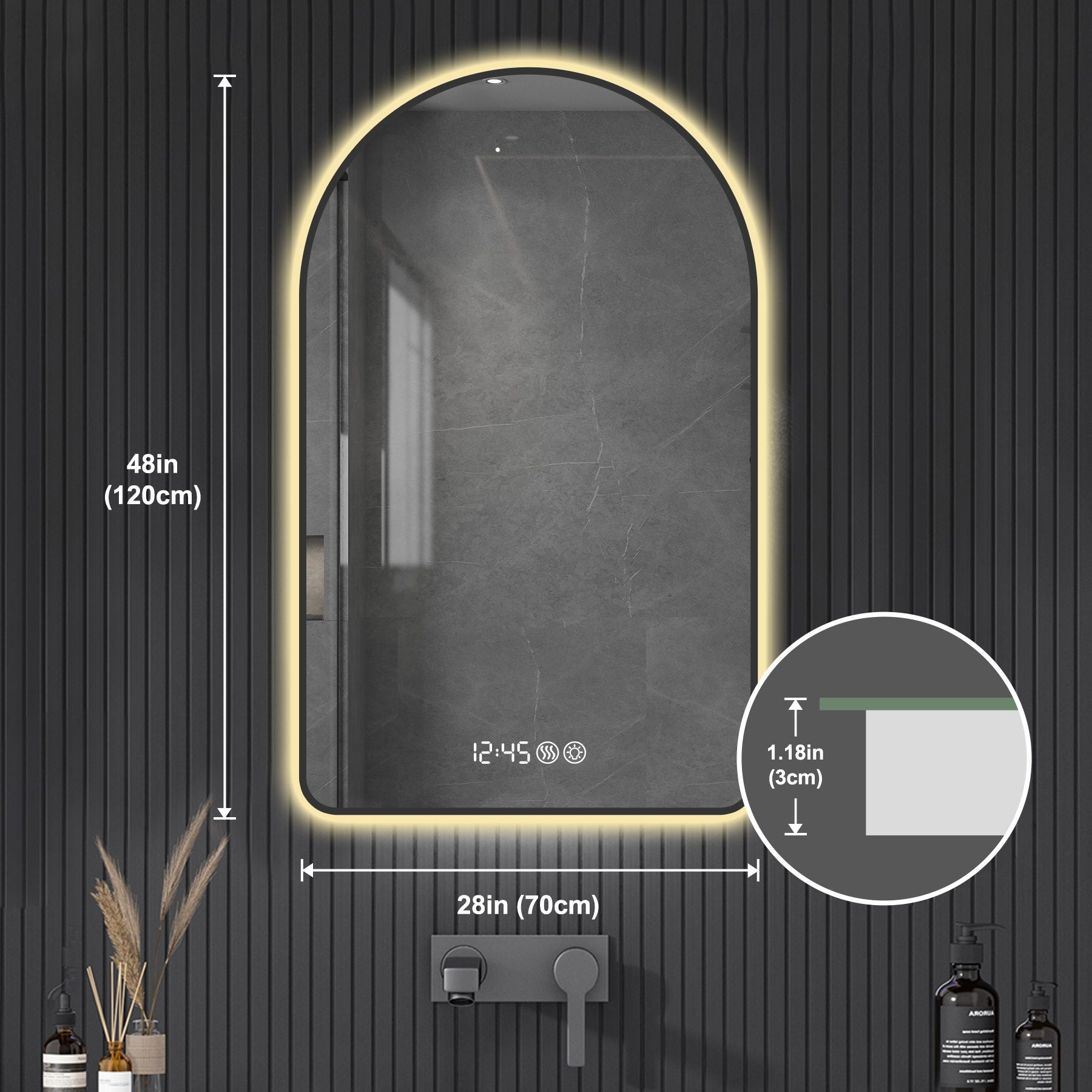 Arched LED Vanity Mirror With Time & Temperature Display, Anti-Fog, Dimmable Backlight In Frame, 3 Color Temperatures