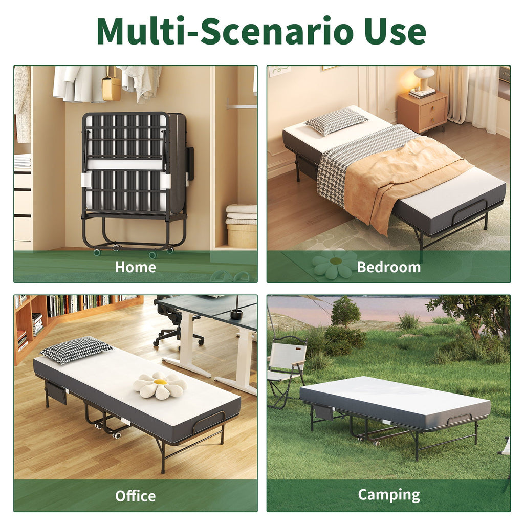 Twin Folding Bed With Memory Foam Mattress, Space Saving Rollaway Guest, On Wheels, Portable For Adults & Guests - Black