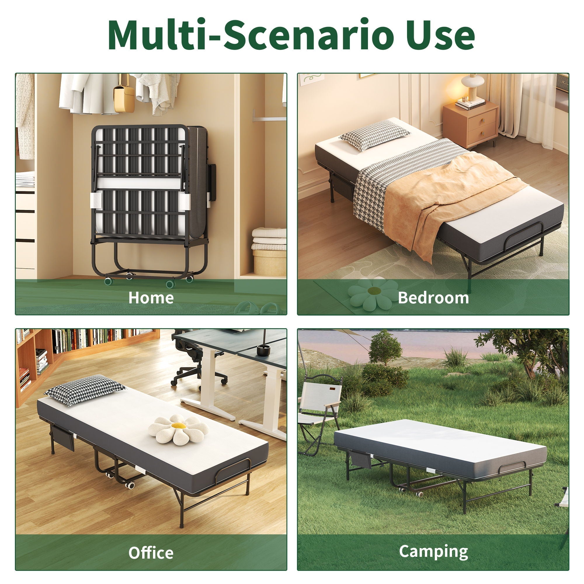 Twin Folding Bed With Memory Foam Mattress, Space Saving Rollaway Guest, On Wheels, Portable For Adults & Guests - Black