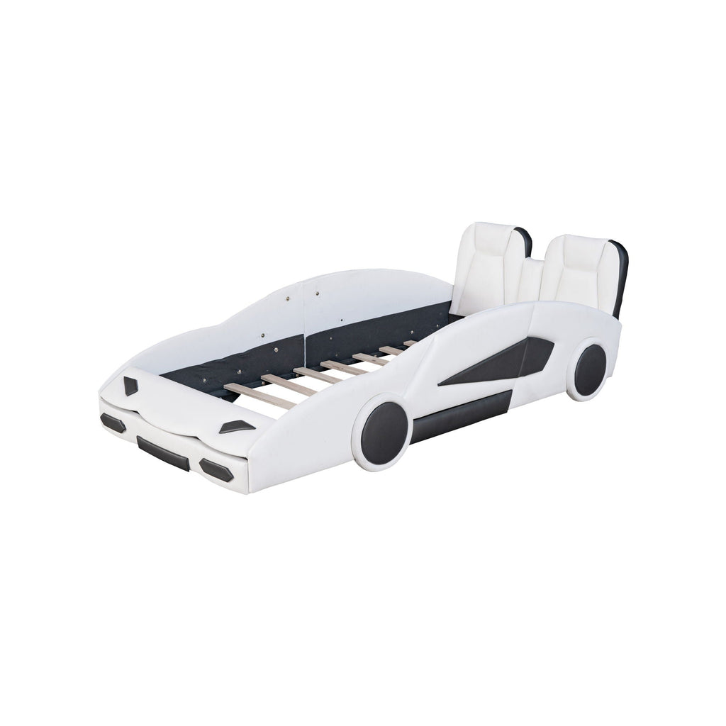 Race Car Shaped Twin Platform Bed With Wheels, Pine Wood Construction