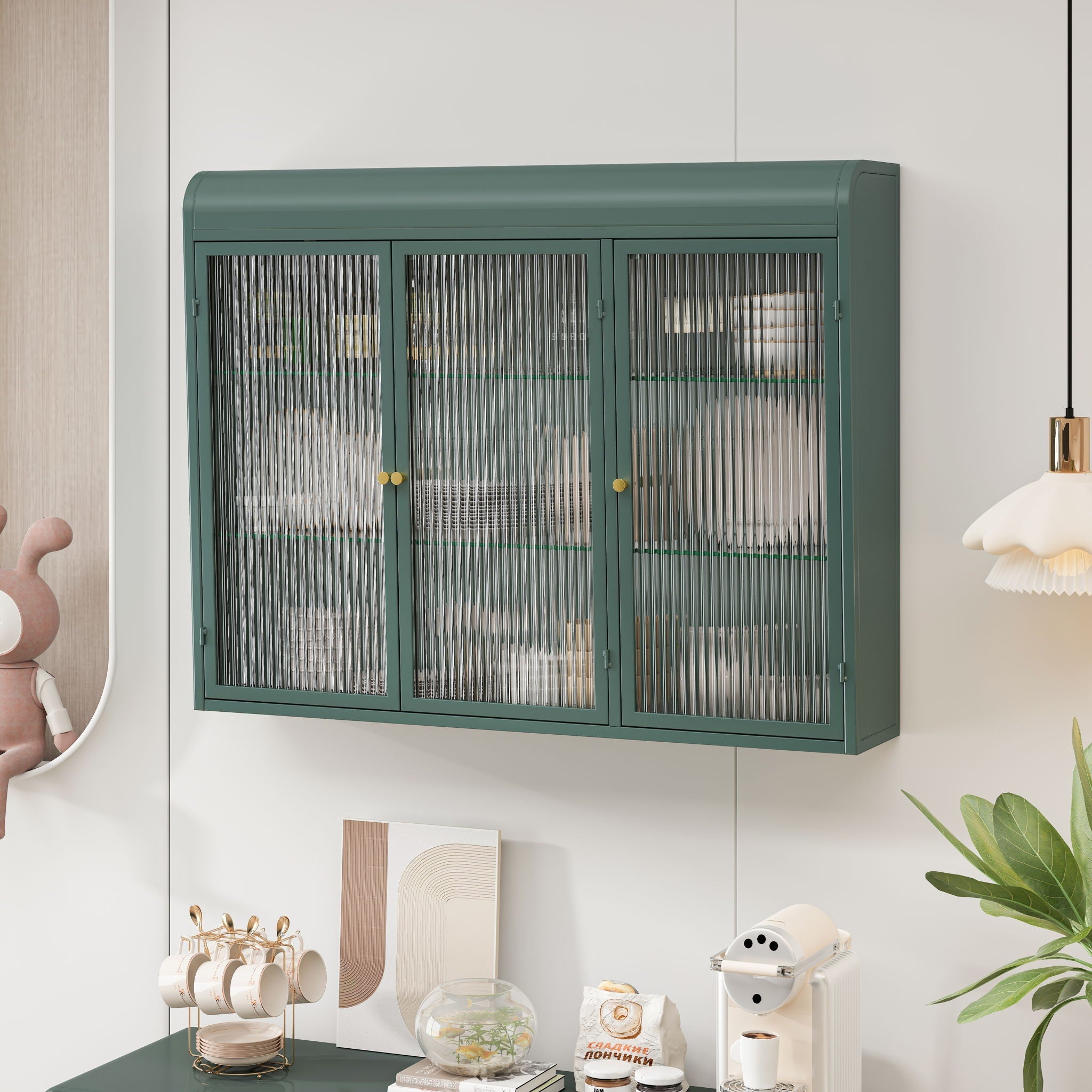 Arched Wall Mounted Cabinet, 3 Door Storage For Kitchen - Dark Green