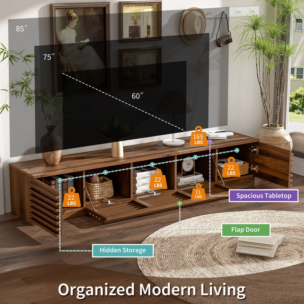 TV Stand For TVs, Entertainment Center With Cable Management And Soft Closing Hinges - Walnut