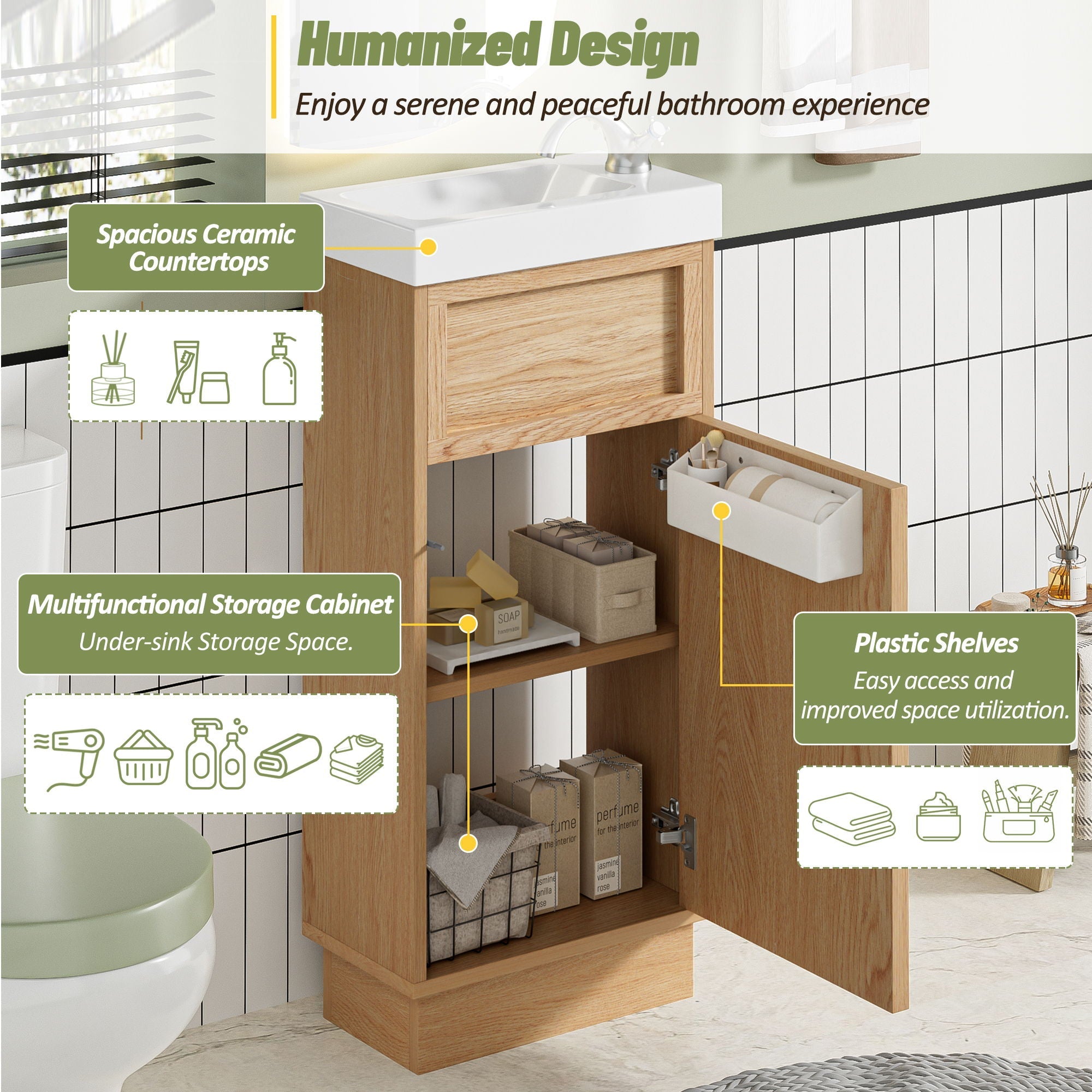 15.75" Bathroom Vanity With Reversible Resin Sink And Cabinet - Wood
