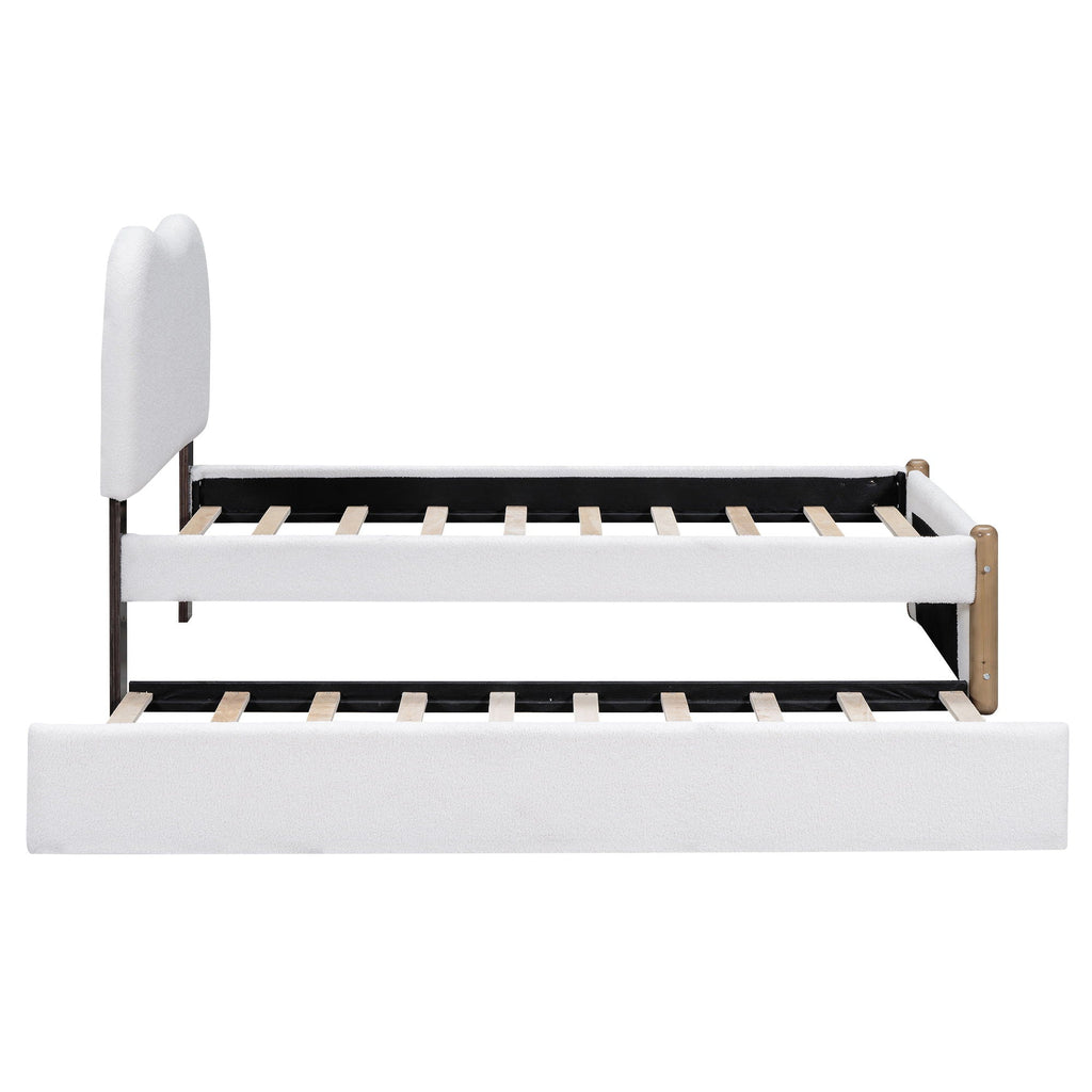 Upholstered Platform Bed With Wood Supporting Feet And Trundle