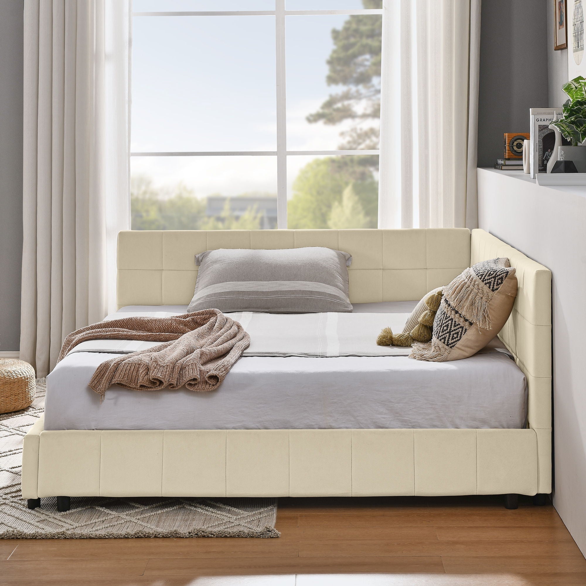 Mid-Century Storage Upholstered Tufted Bed Frame With Backrest And Armrests