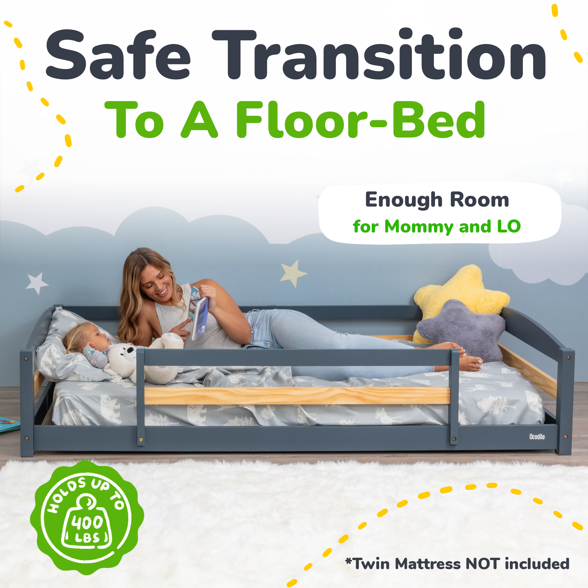 Twin Floor Bed with Safety Guardrails for Kids - Montessori Inspired