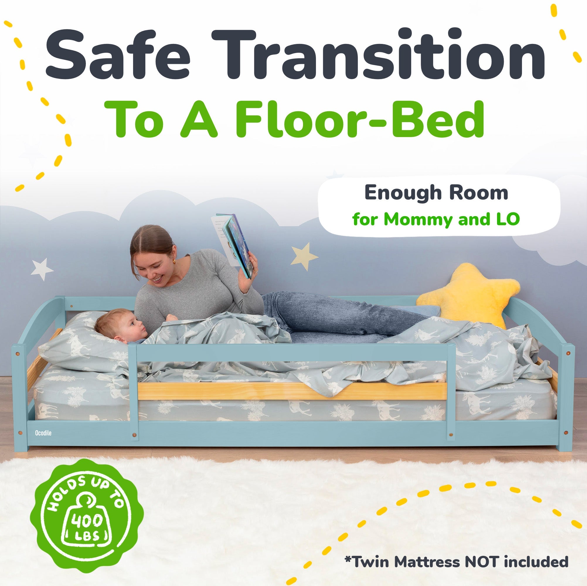 Twin Floor Bed with Safety Guardrails for Kids - Montessori Inspired