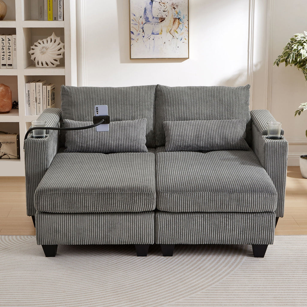 Convertible Chaise Lounge Sofa Chair With USB Ports, Cup Holders, Phone Holder And Storage