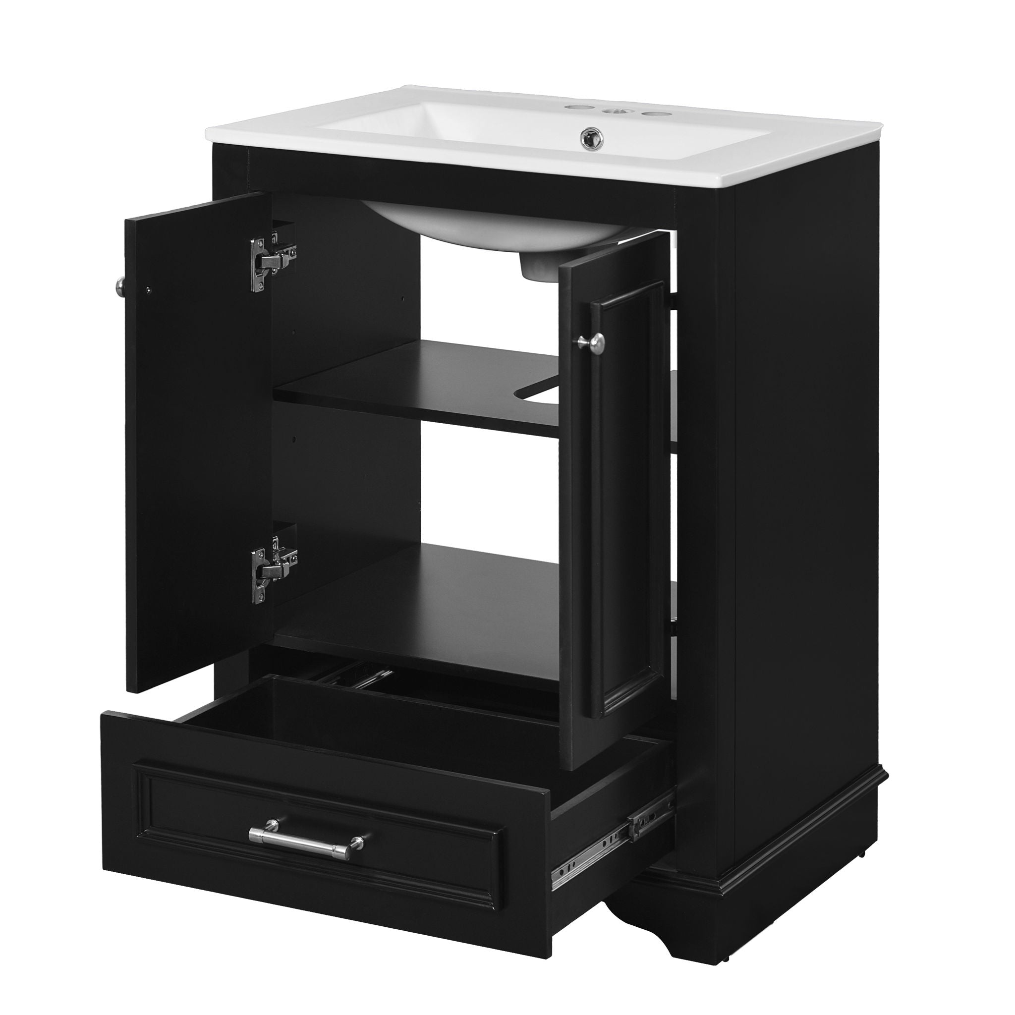 Bathroom Vanity With Ceramic Sink Combo, Modern Freestanding Storage Cabinet With Silver Handles