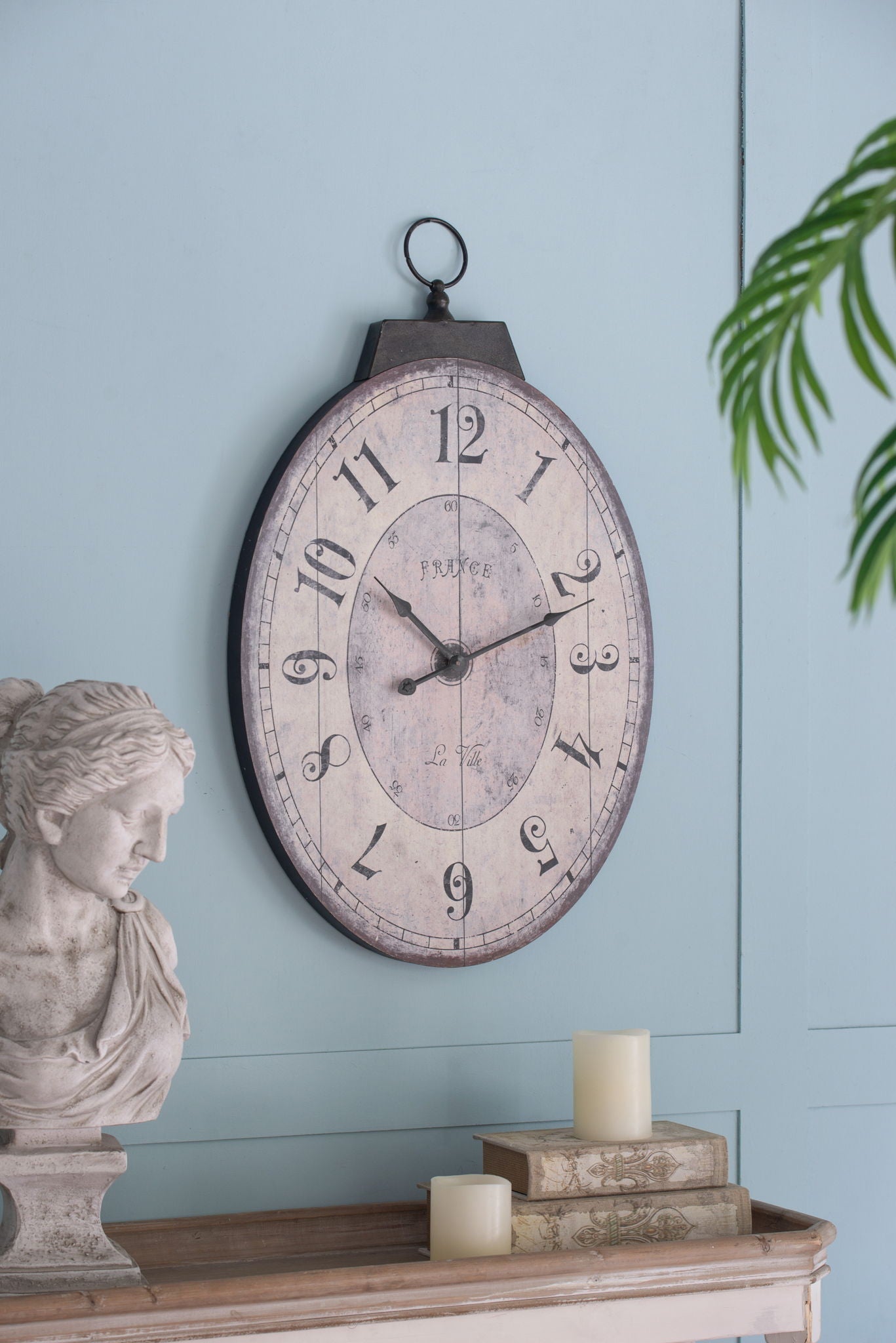 Antique Oval Wall Clock, Traditional Vintage Home Decor Clock - Ivory