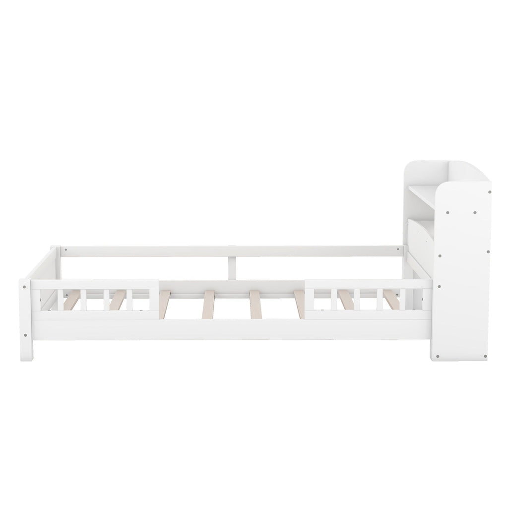 Wood Platform Bed With Built In LED Light, Storage Headboard And Guardrail