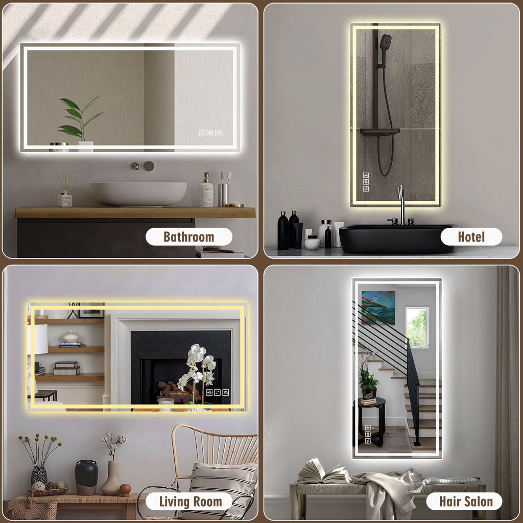 LED Bathroom Vanity Wall Mirror With Straight Edge Design, Frosted Glass Finish, Anti Fog, Dimmable 3 Color Lighting - Silver