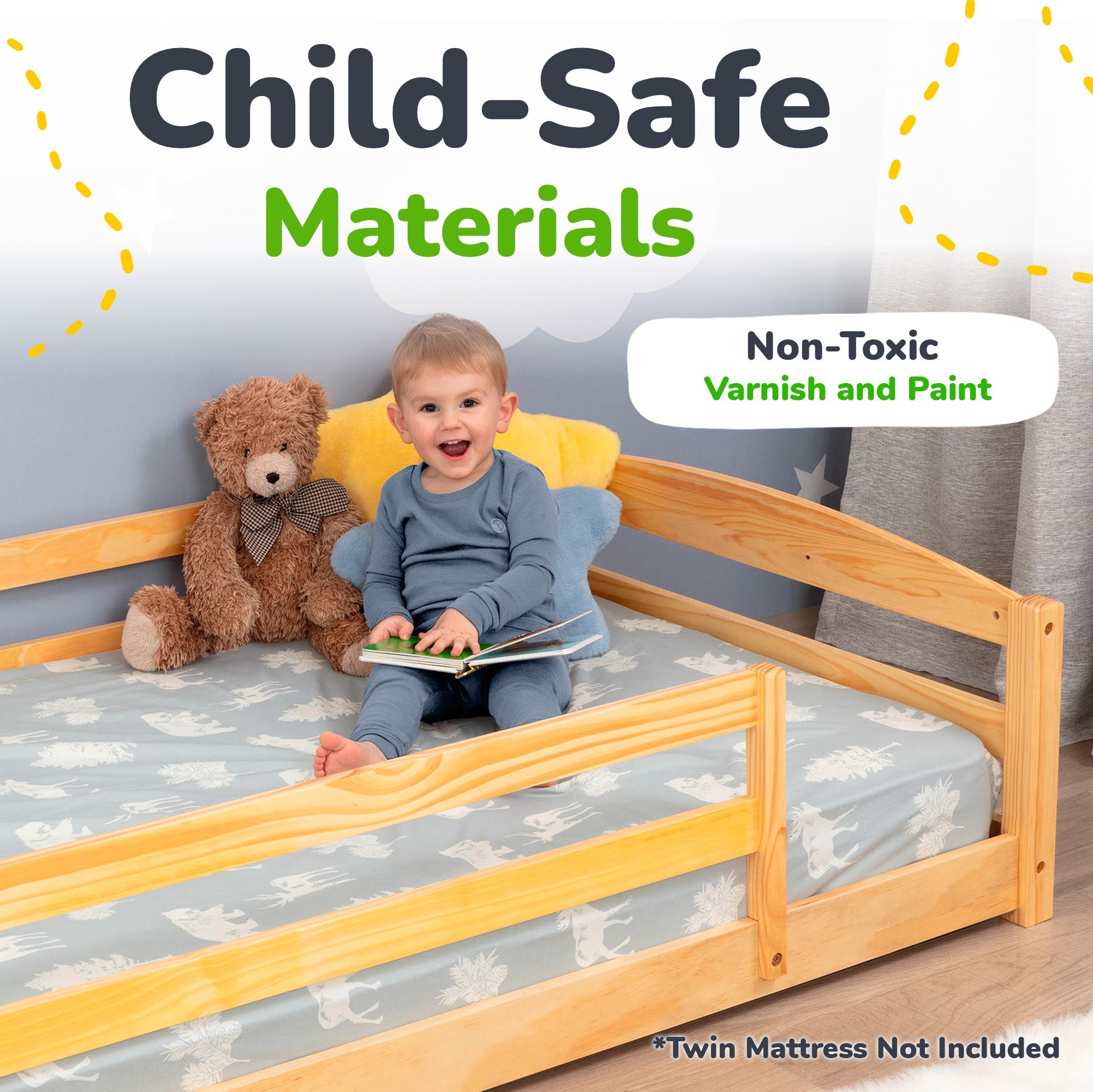 Twin Floor Bed with Safety Guardrails for Kids - Montessori Inspired