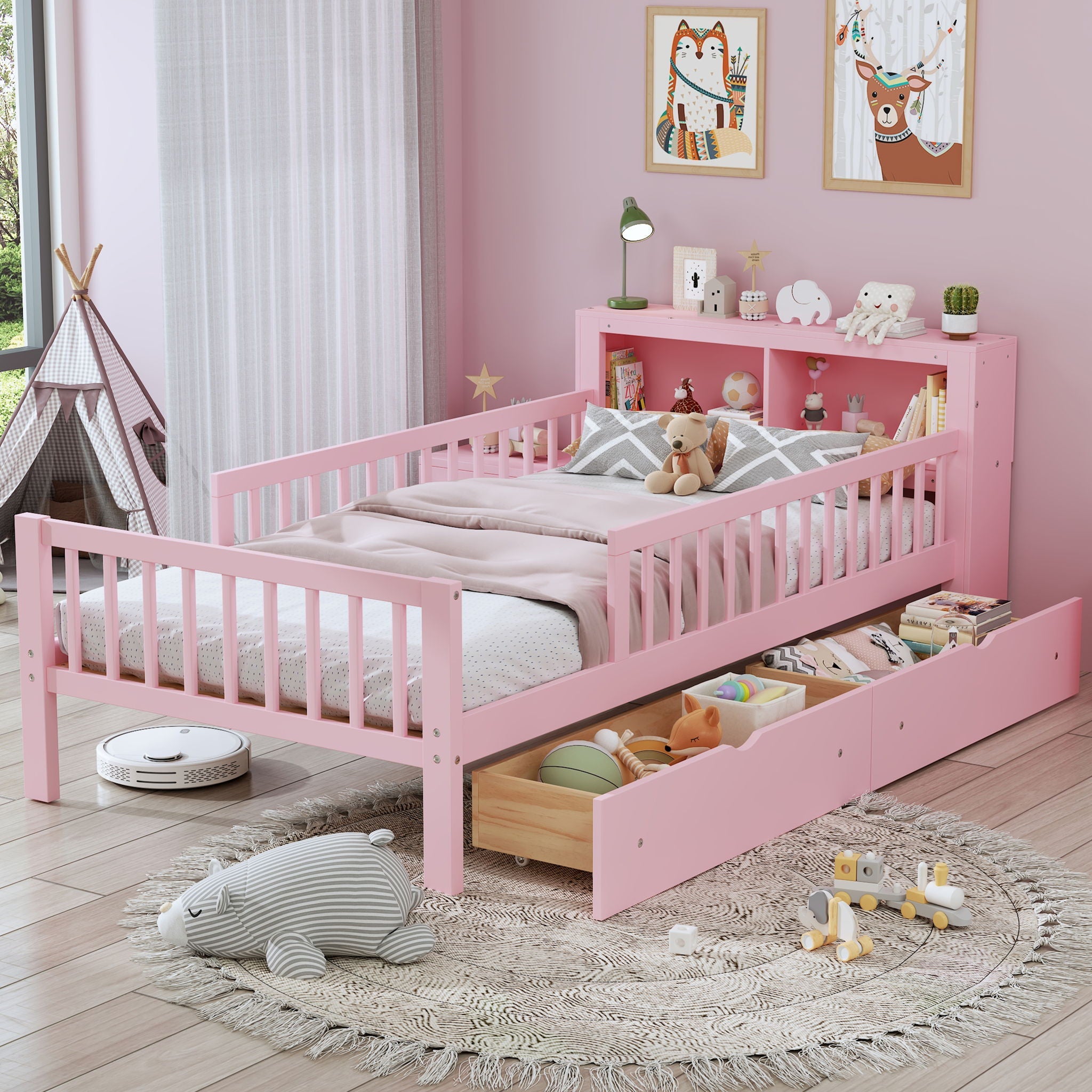 Bed With Headboard Storage Rack, 2 Under Bed Drawers, 3 Side Guardrails For Safety