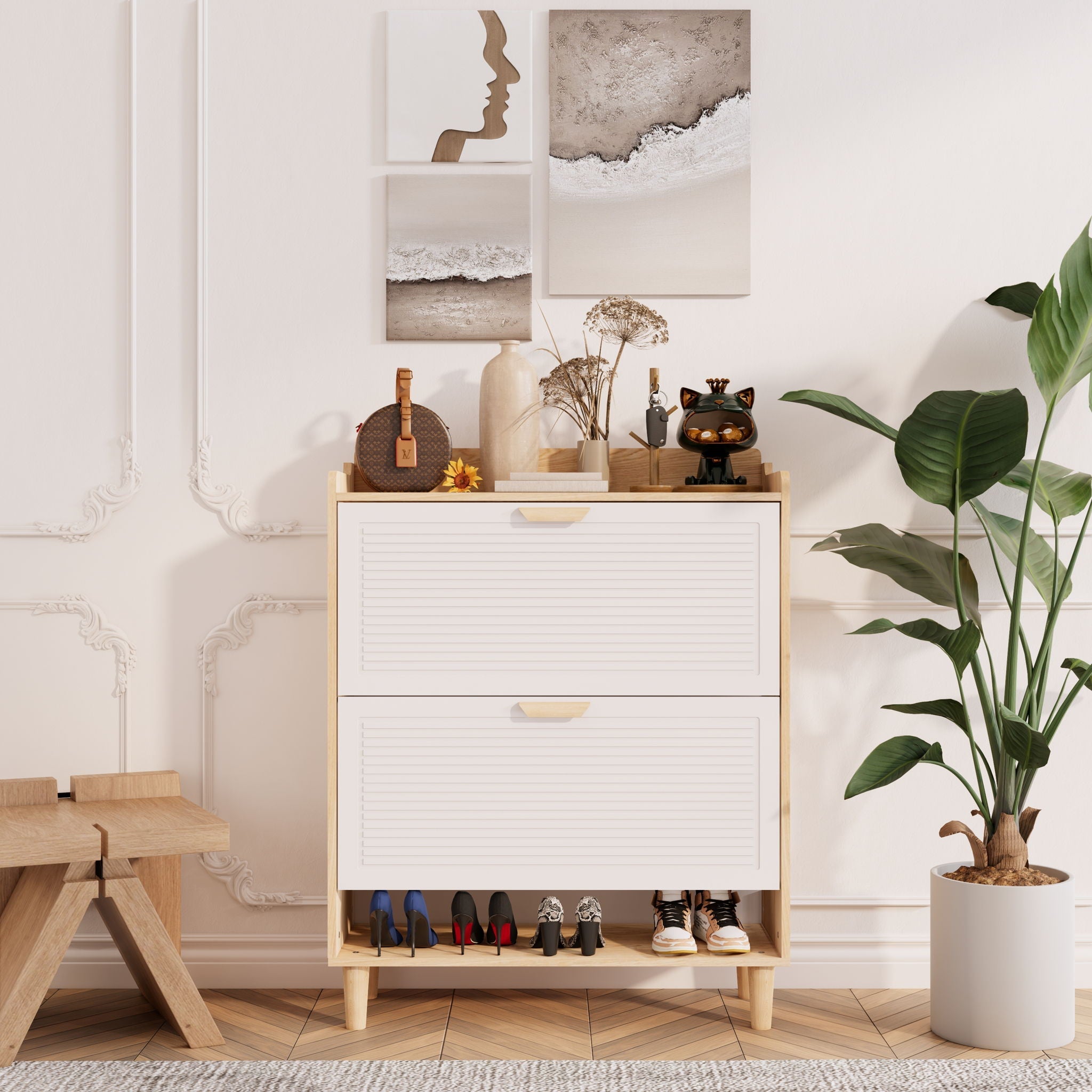 Shoe Storage Cabinet With 2 Flip Drawers, Compact Entryway Organizer - Natural / White