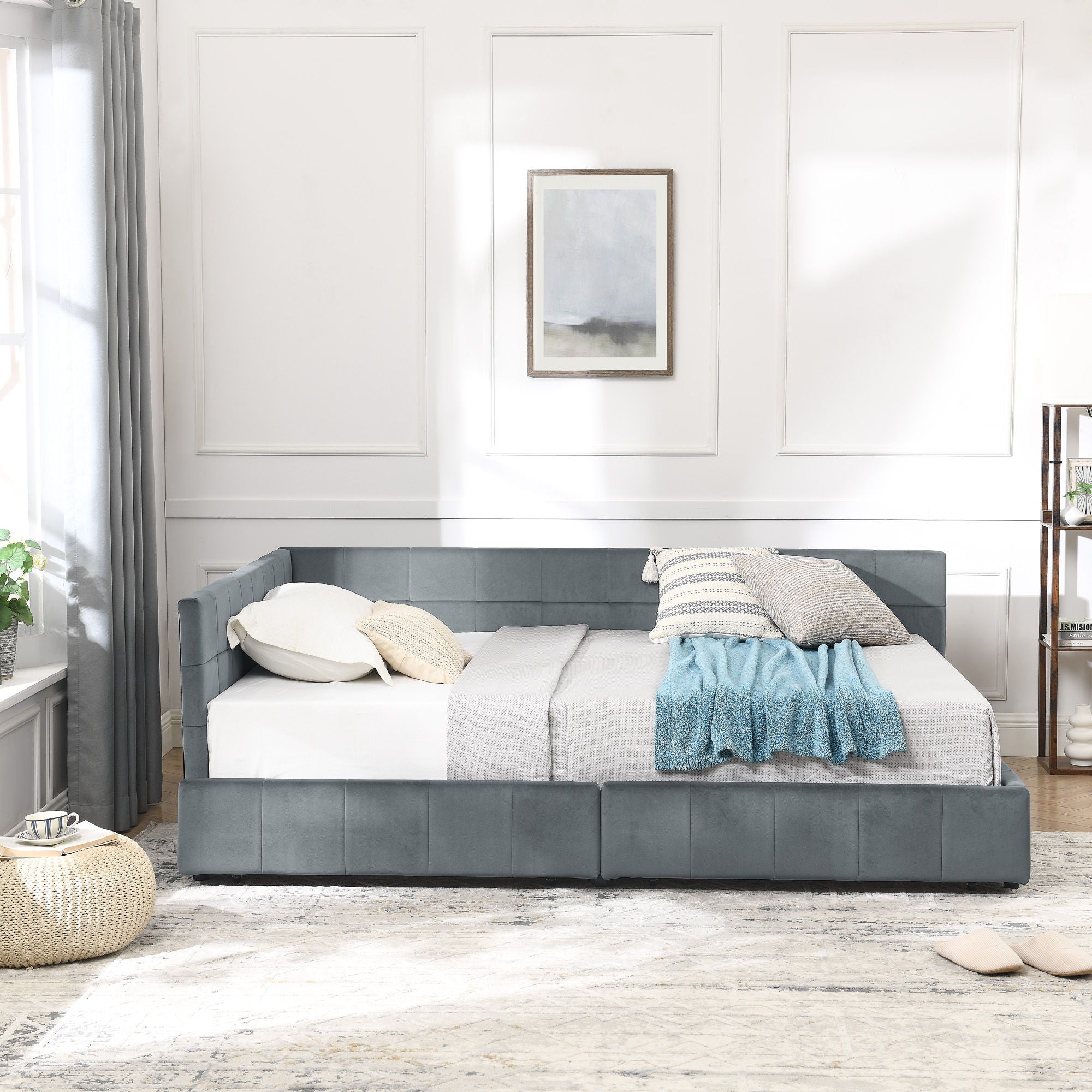 Mid-Century Storage Upholstered Tufted Bed Frame With Backrest And Armrests