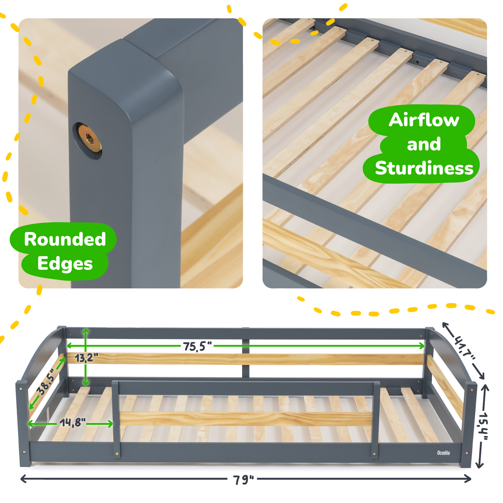 Twin Floor Bed with Safety Guardrails for Kids - Montessori Inspired