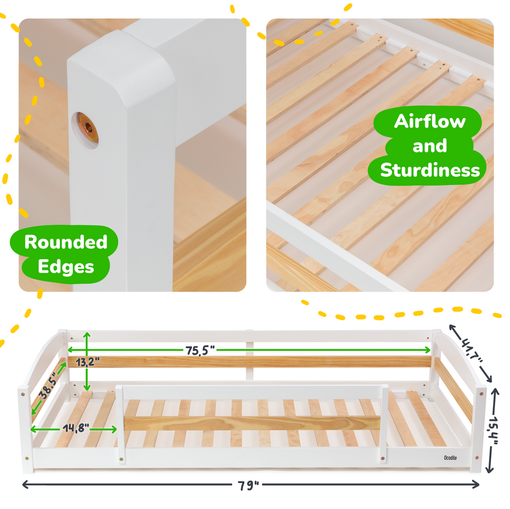 Twin Floor Bed with Safety Guardrails for Kids - Montessori Inspired