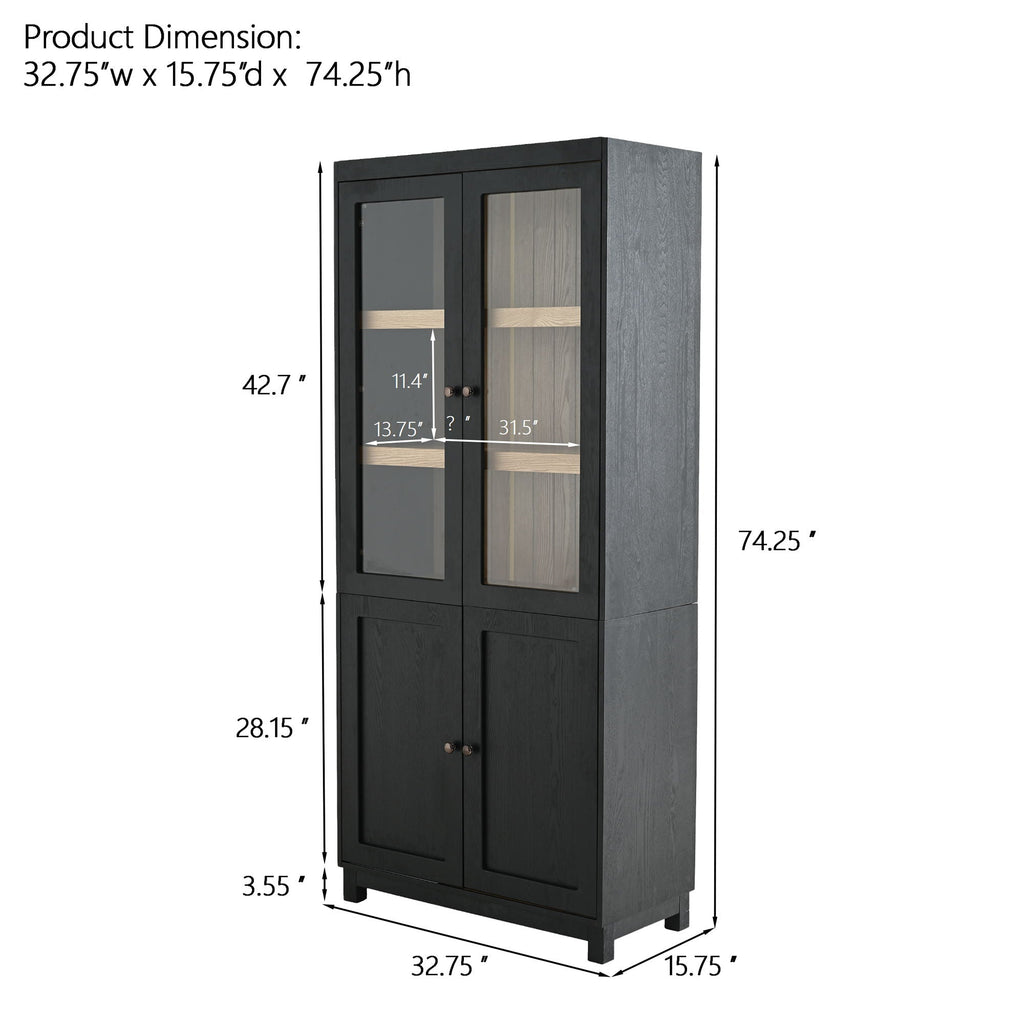 Mid Century Modern Style Tall Display Cabinet With Glass Doors For Collectibles - Black