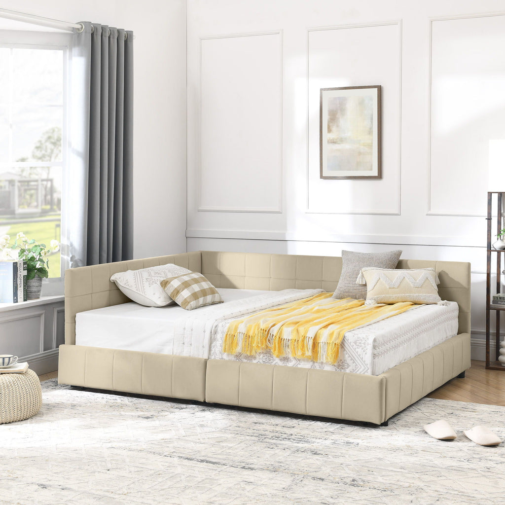 Mid-Century Storage Upholstered Tufted Bed Frame With Backrest And Armrests