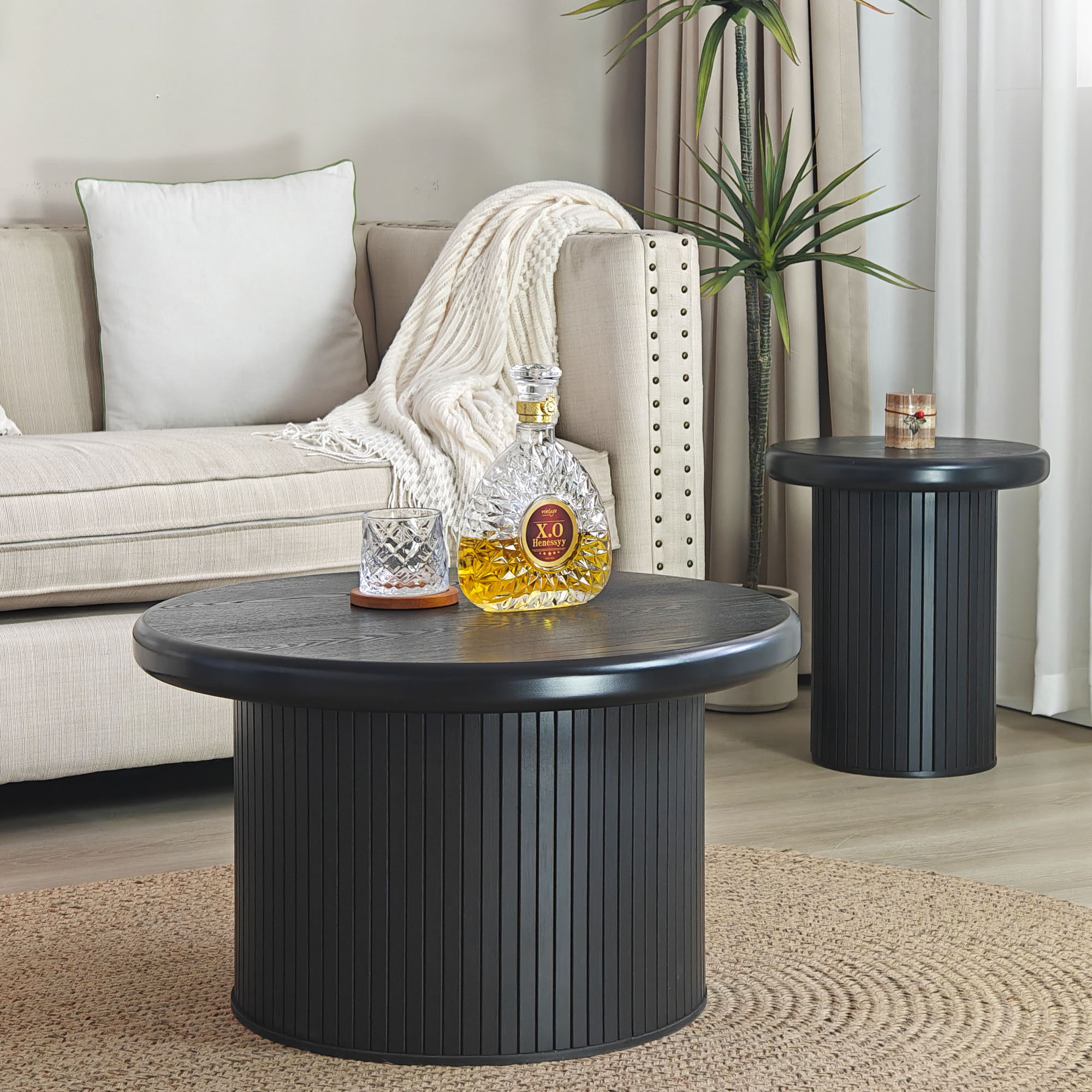 Fluted Cylinder Side Tables, Round End Tables For Living Room (Set of 2) - Black