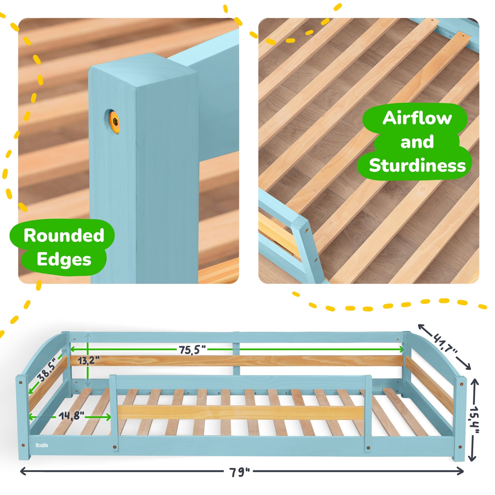Twin Floor Bed with Safety Guardrails for Kids - Montessori Inspired
