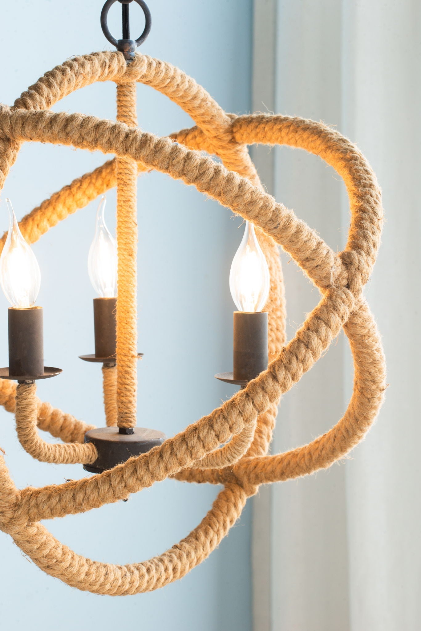 3 Light Farmhouse Chandelier, Rope Chandelier Globe Hanging Light Fixture With With Adjustable Chain For Kitchen, Bulb Not Included - Beige Brown