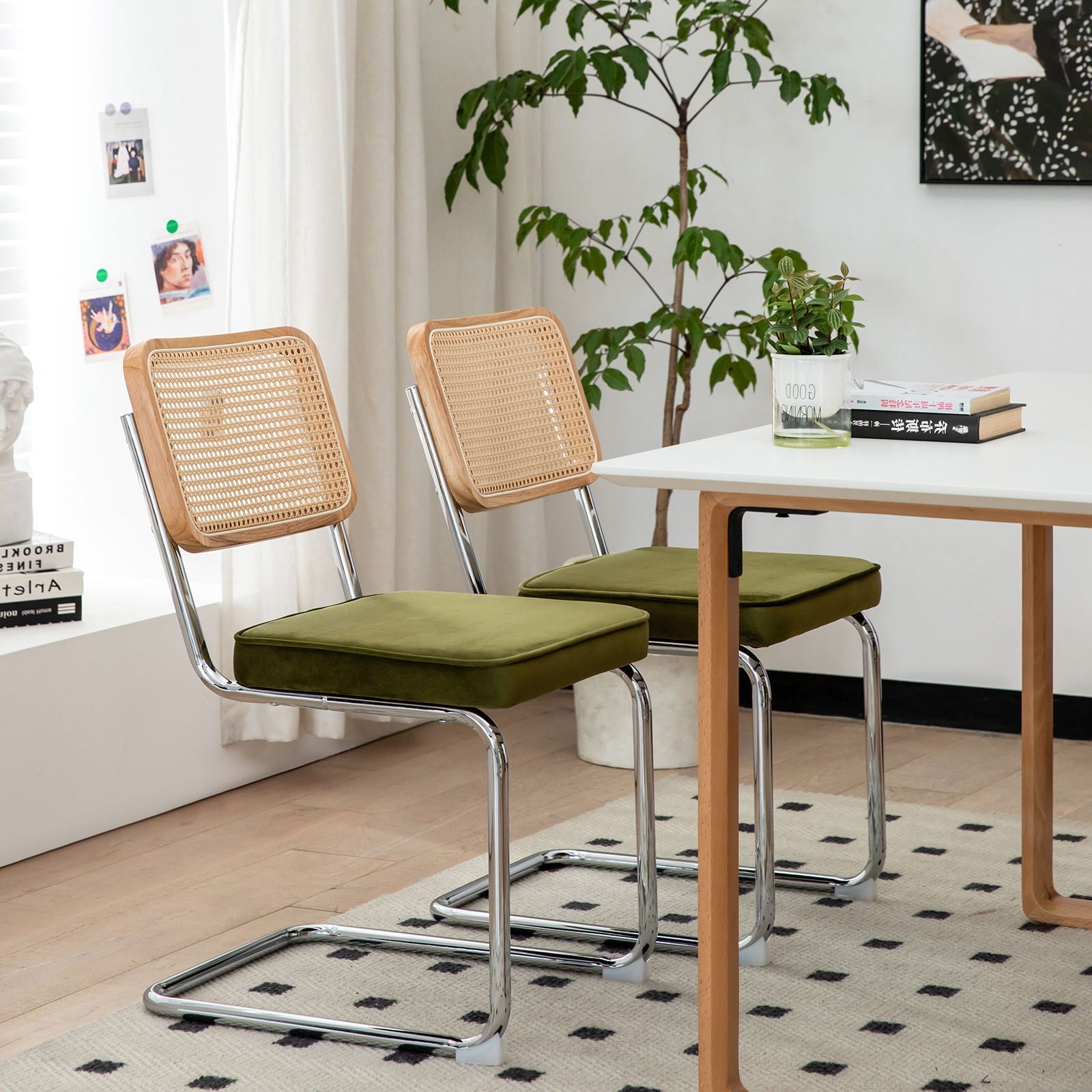 Rattan Side Accent Dining Chairs With Painted Legs (Set of 2)