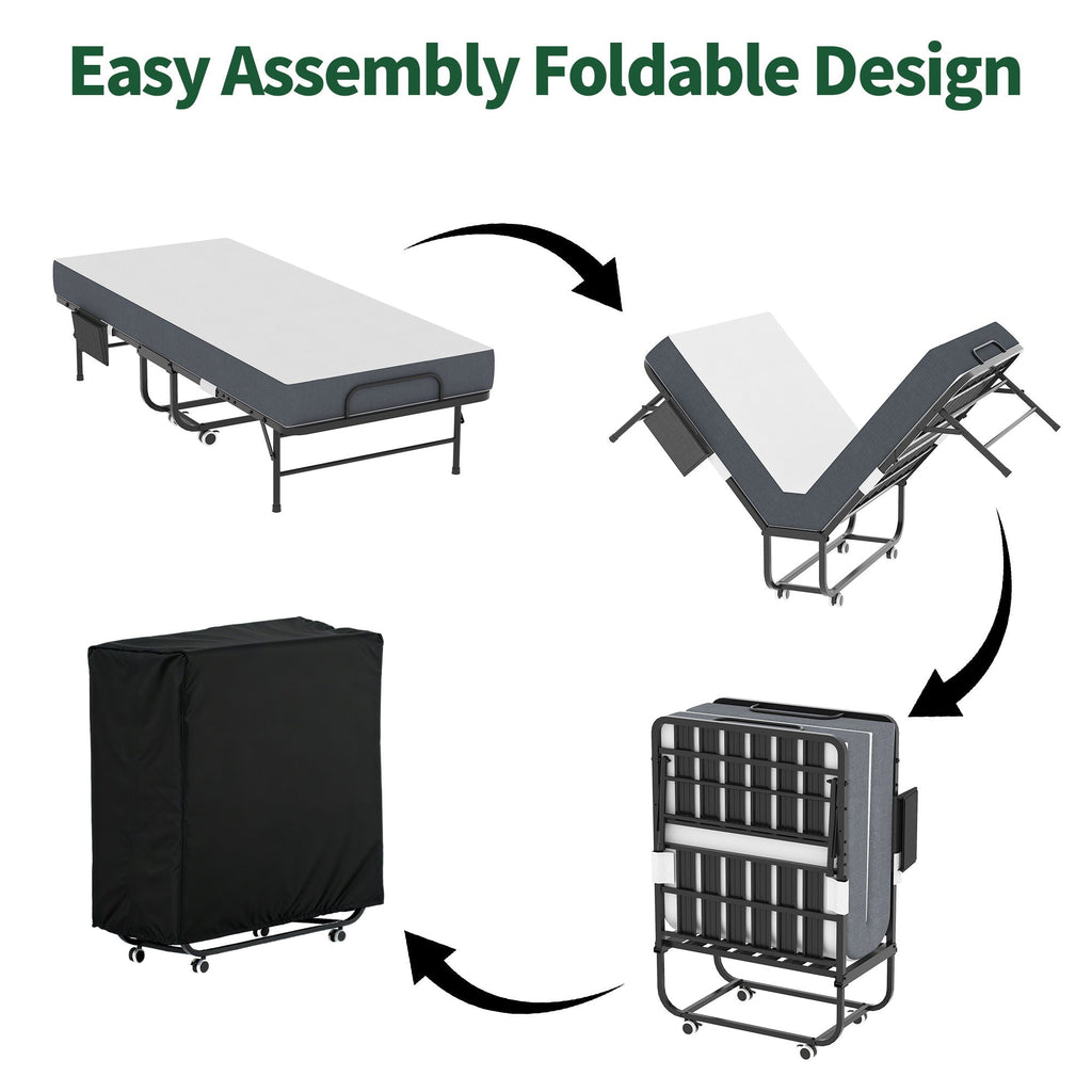 Twin Folding Bed With Memory Foam Mattress, On Wheels, Portable Bed For Adults & Guests - Black