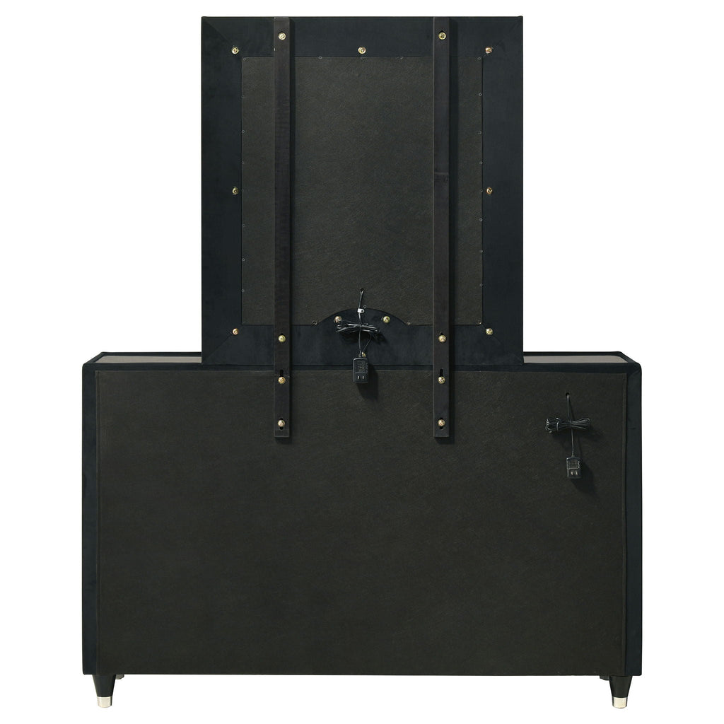 Ravenne 6-drawer Velvet Upholstered LED Dresser and Mirror Black