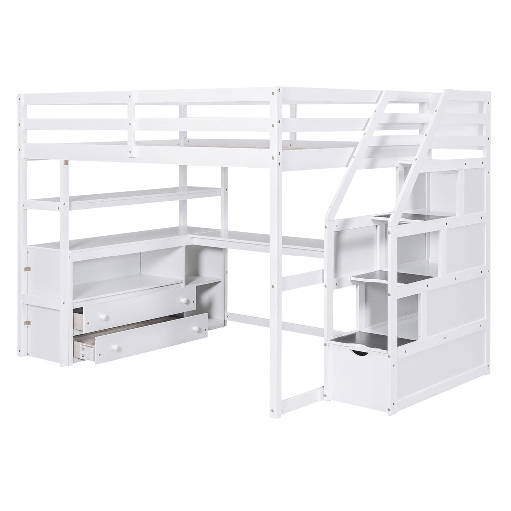 Loft Bed With Desk, Shelves, 2 Drawers, Storage Staircase