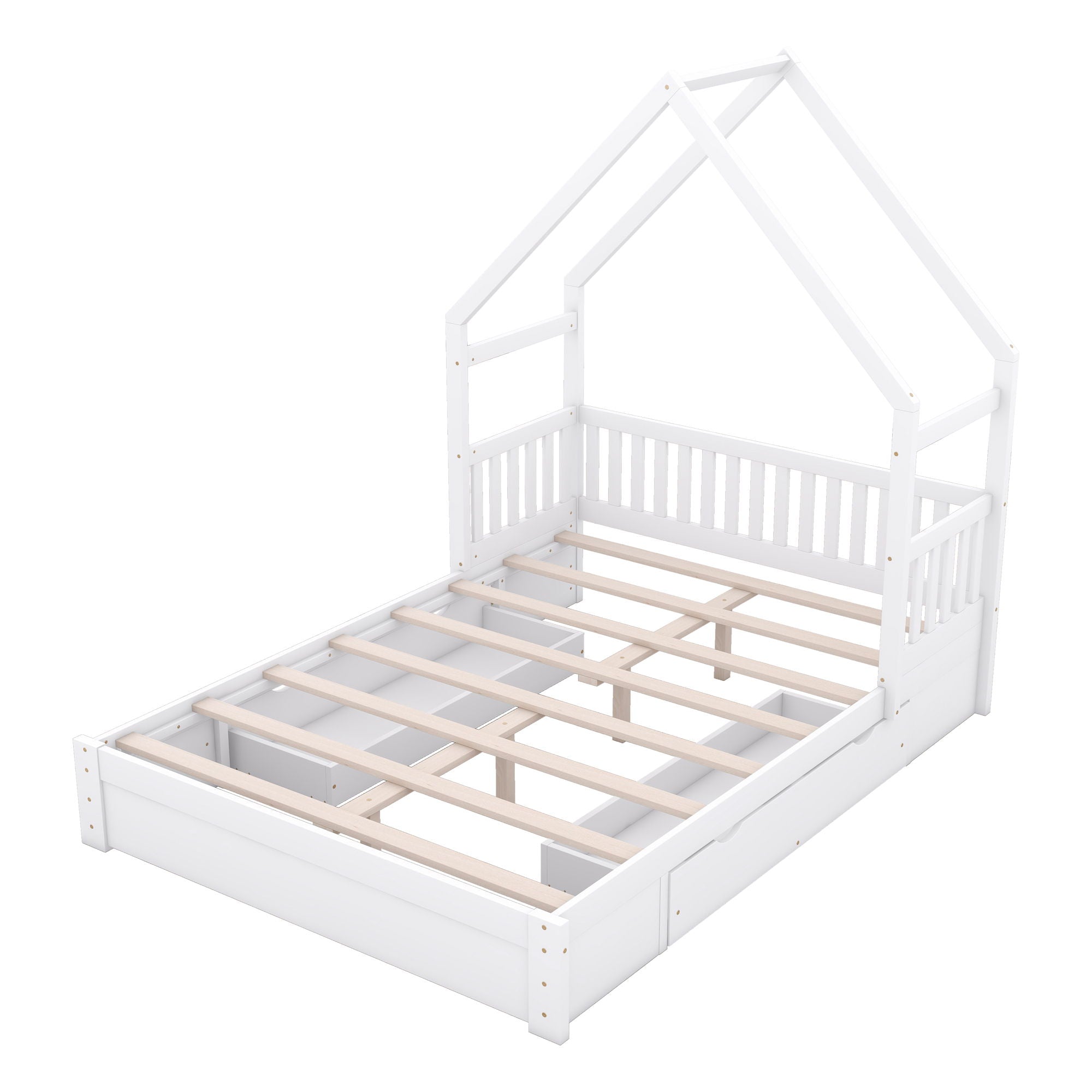 House Style Platform Bed With Guardrail And 2 Drawers