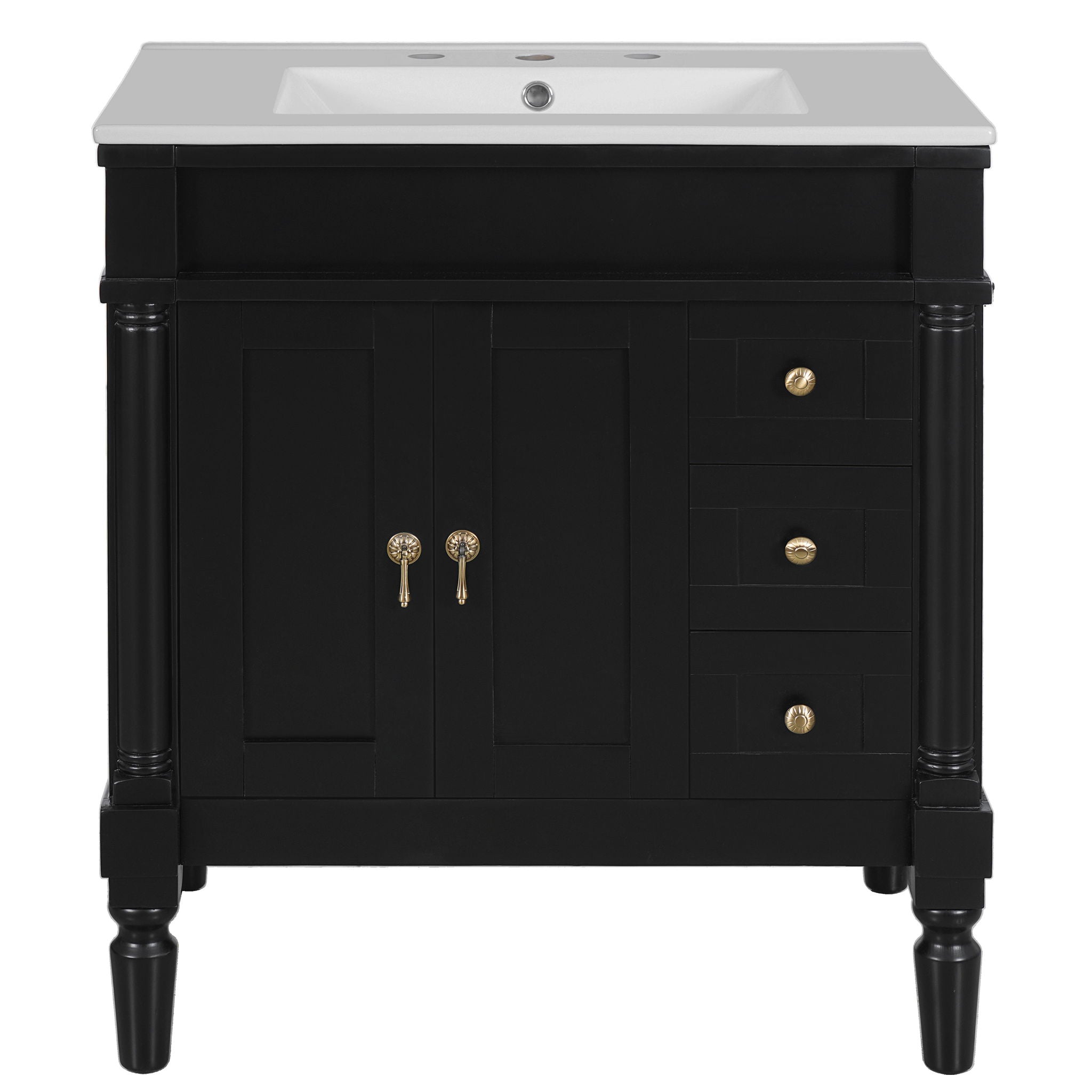 Bathroom Vanity With Ceramic Sink, 2 Doors 3 Drawers, Soft Close Design