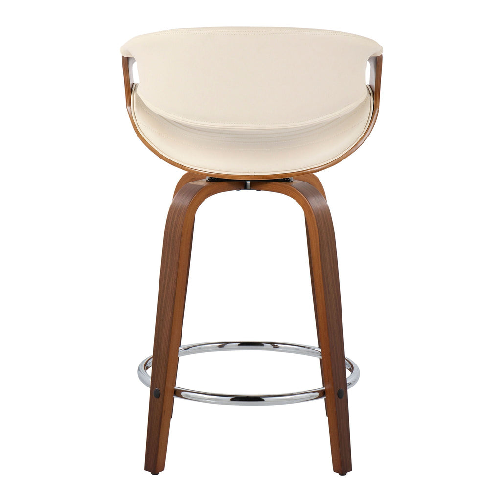Symphony - Mid-Century Modern Fixed Height Counter Stool With Swivel And Round Footrest (Set of 2) - Walnut / Cream