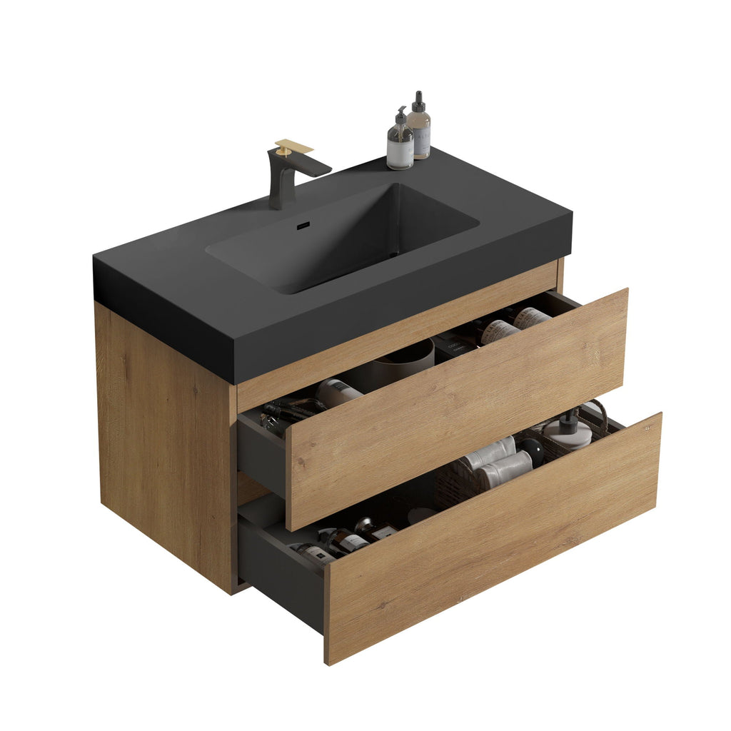 Alice - Natural Oak Bathroom Vanity With Sink, Large Storage Wall Mounted Floating Bathroom Vanity For Modern Bathroom, One-Piece Sink Basin Without Drain