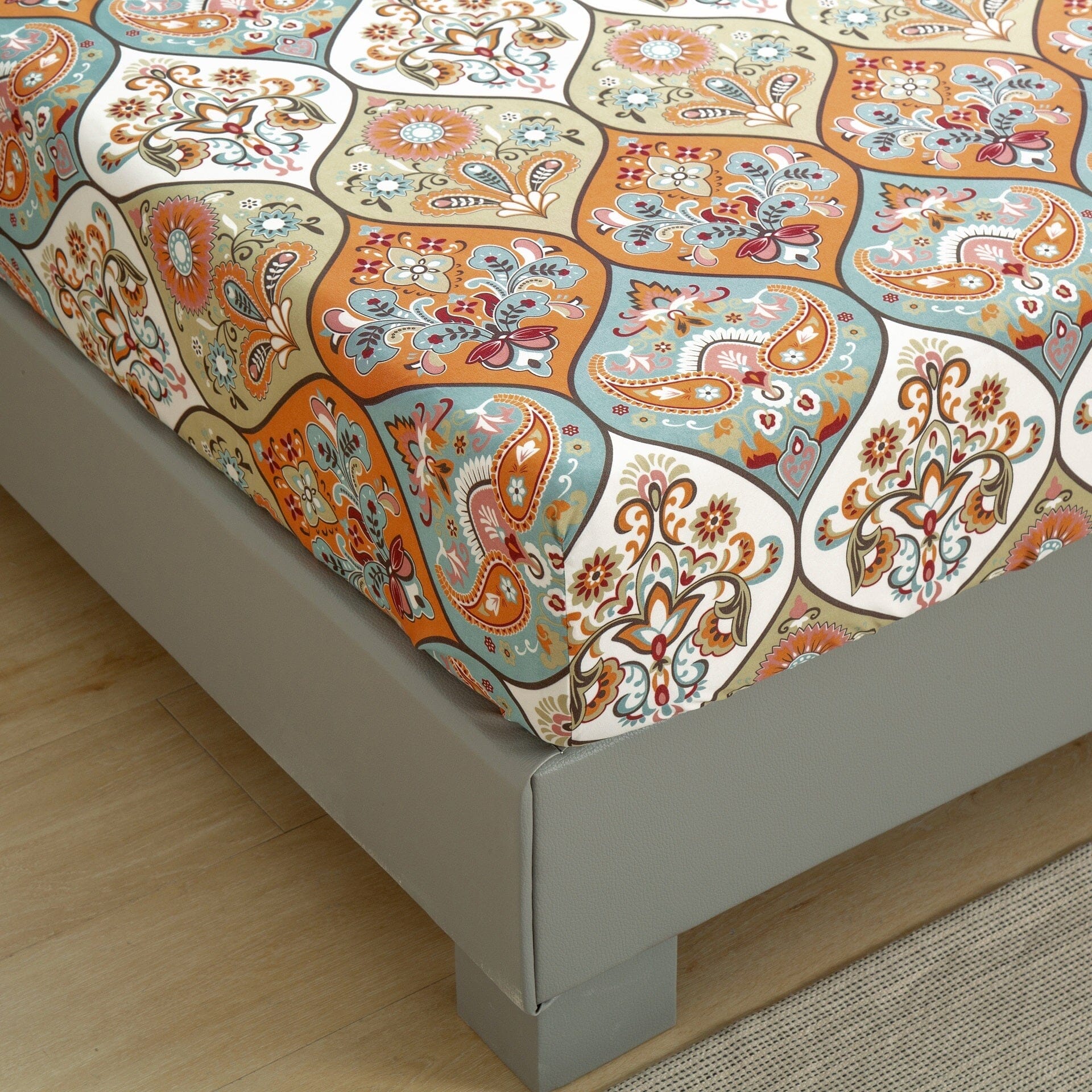 DaDa Bedding Bohemian Fitted Sheet w/Pillow Cases - Coral Teal Floral Paisley Botanical Garden Party - Bright Vibrant Multi-Colorful Blue Salmon Pink