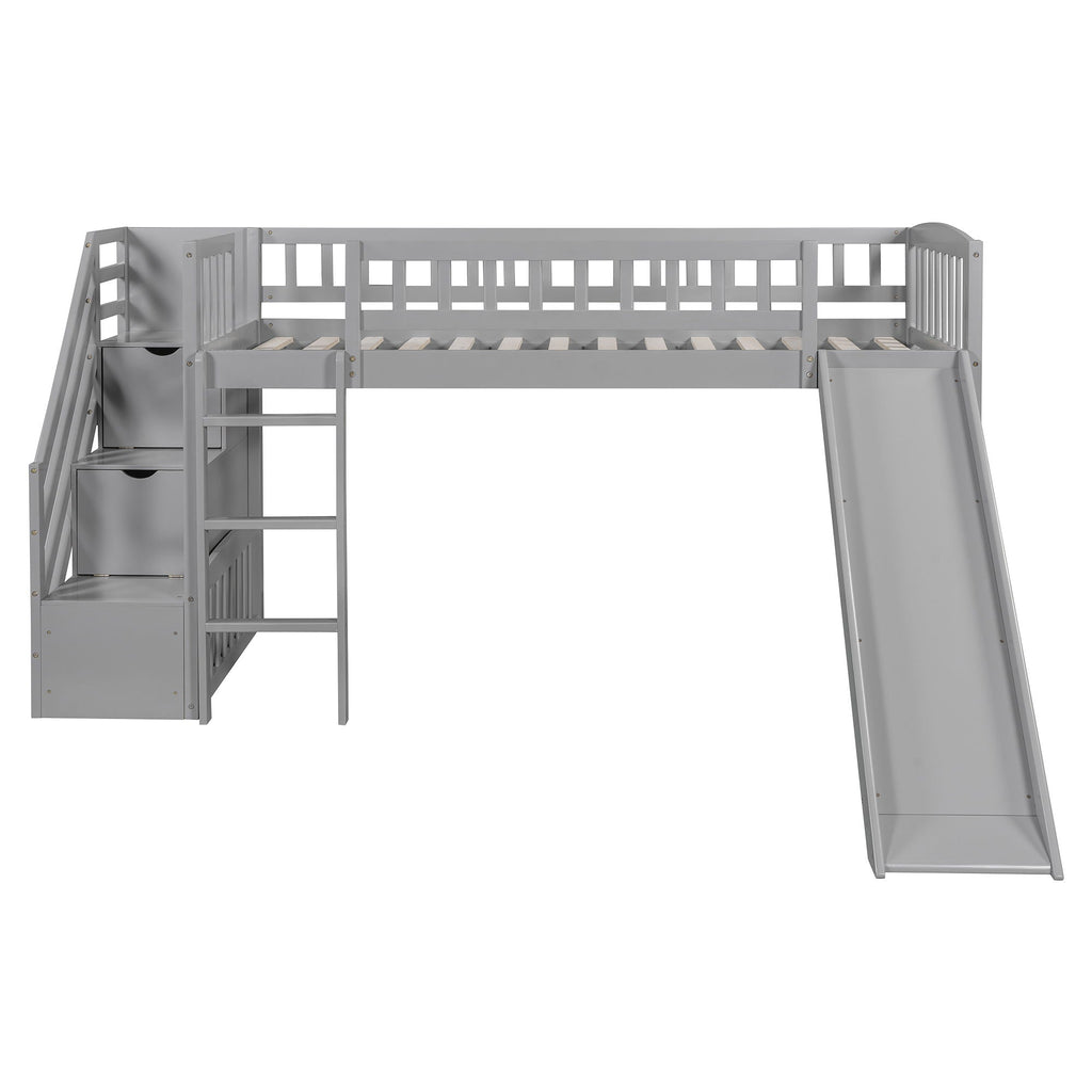 Loft Stairway Bed With 2 Drawers, Convertible Ladder And Slide